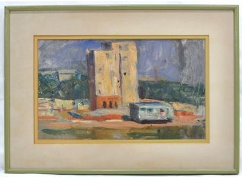 Vintage Soviet Social Realism Construction Scene Oil Painting