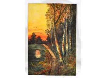 Vintage Watercolor Red Sunset Landscape- Signed