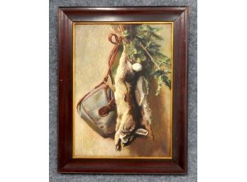 Antique Hunting Trophy Rabbit Still Life Oil Painting