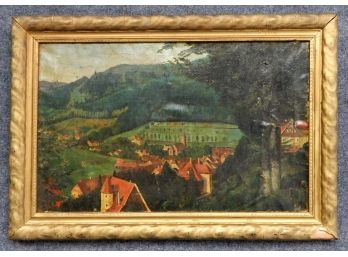 Antique Swiss Alps Town Village Mountain Valley Oil Painting - Signed