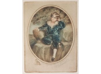 Victorian Etching Of Cute Boy- Signed