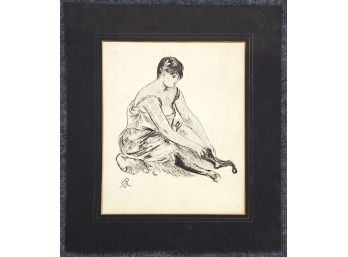 Woman Putting On Stockings - Signed Watercolor Painting