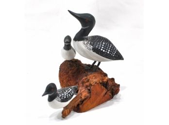 Vintage Folk Art Bird Wood Carving On Burlwood