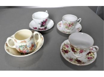 3 Fine Bone China English Cups & Saucers & Bunnykins Cup & Bowl
