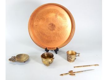 Lot Vintage Copper & Brass Items: Dagger With Sheath, Tray, Cups Etc.