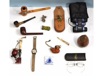 Vintage Estate Lot: Delft Tile, Estate Smoking Pipes, Swiss Watch, Etc