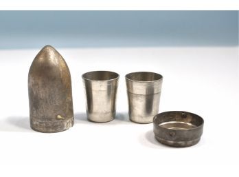 Vintage Advertising Pewter Shot Glasses In Bullet Shaped Case