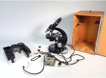 Vintage Carl Zeiss Microscope With Wooden Box, Transformator & Accessories