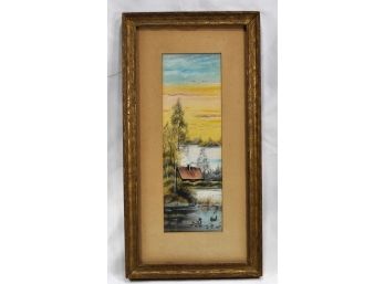 Antique 1908 House On Lake Signed Painting