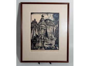 Antique City Hall View Color Etching - Signed