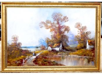 Vintage Landscape Oil Painting With Figure Of Mother & Child- Signed