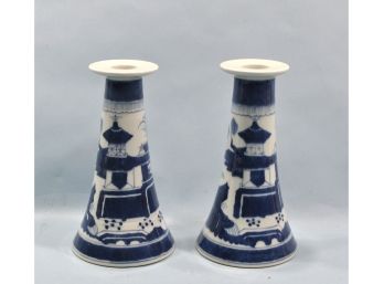 Pair Antique Blue And White Asian Candlesticks / Vases