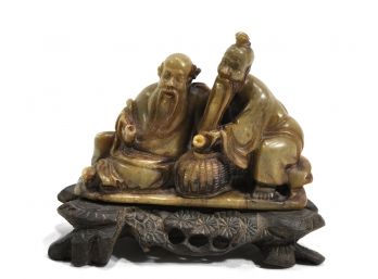 Antique Two Men Chinese Stone Sculpture On Wood Base