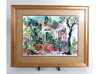 Vintage Watercolor Impressionistic Floral Courtyard View - Signed