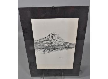 Framed Charcoal Drawing Of Mountain - Signed