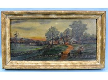 Antique 19th Century Folk Art Village Landscape Oil Painting