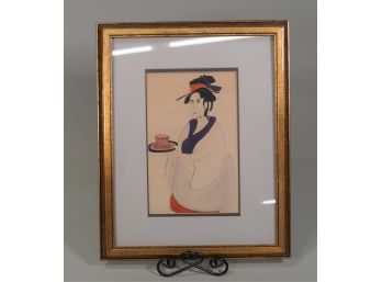 Watercolor Of Japanese Woman Drinking Tea