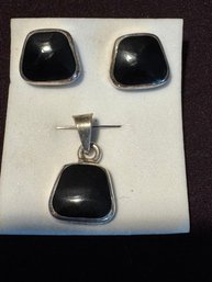 Sterling Silver With Obsidian Pierced Earrings And Pendant Set