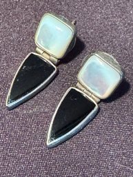 Sterling Silver With Obsidian And Mother Of Pearl Vintage Pierced Earrings