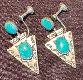Vintage Sterling Silver And Turquoise Western Styled Screw Back Earrings