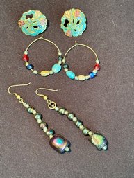 3 Pair Of Vintage Earrings - Glass Beaded And Cloisonne'