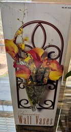 New In Box - Set Of Two Wall Vases - Iron Holders And Glass Vases/candle Holders