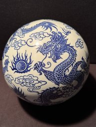 Large Oriental Blue And White Orb With Dragons - Bombay Company