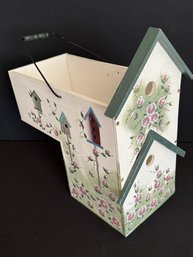 Decorative And Functional Stair Step Wooden Box With Handle - Hand Painted With Flowers And Bird Houses