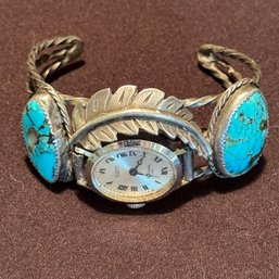 Sterling With Natural Turquoise Stone Cuff Wrist Watch - Vintage Cortina 17 Jewel Incabloc