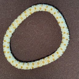 Hand Beaded Bracelet - White With Gold
