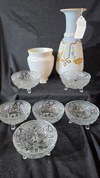 Footed Glass Cups, Vase And Signed Glass Shade