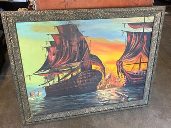 Antique Artist Signed Oil On Canvas Ships Battling Painting Signed VRC. Possibly Vanguard Lot #3