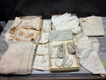 Vintage Linens, Antique Childs Dress & Shoes & More Lot #92