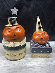 (2) Nicole Sayre, Original Halloween Folk Art Pumpkin Candy Containers Lot #237