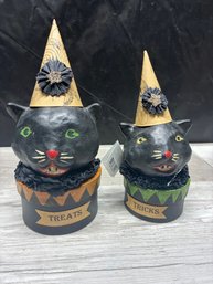 (2) Nicole Sayre, Original Halloween Folk Art Cats Candy Containers Lot #238