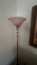 Lot: Floor Lamp With Stylish Rose-colored, Fluted Shade And Goldtone Base