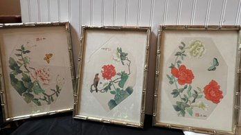 Vintage Chinese Silk Paintings: Birds And Flowers LOT OF THREE! WOW!