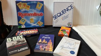 Mixed Books And Card Games- D-day, Paris, A Paris Apartment - Jeopardy, Rummikub, Sequence And Qwixx