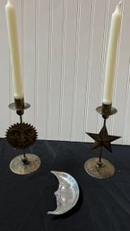 Set Of 2 Vintage Star/Moon Taper Candle Stick Holder And 1 Half Moon Ashtray