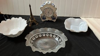 Set Of 3 Bowls, Eiffel Tower Metal Figurine And Classic Blue And White Quartz Desk Shelf Clock