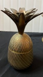 Vintage Brass Candle Holder, Ruffled Basket, And Pineapple Trinket Box