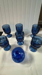 Set Of 6 Cobalt Blue Wine Glasses With Jar