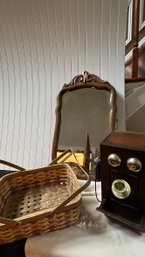Antique Carved Mirror, Vintage Wood Phone & Basket