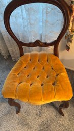 Vintage Wood Ballon-back Chair With A Gold Velvet Tufted Seat