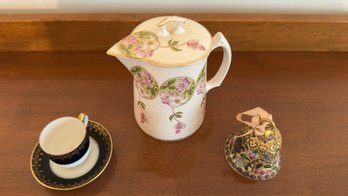 Arantique Chocolate Pot Made By Edwin M. Knowles China, Vintage Eckt Kobalt Tea Cup &  Vintage Cloisonn Bell