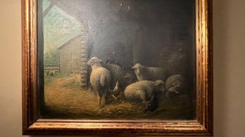 Lambs In The Barn Oil Print