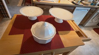 Fenton Milk Glass Cake Stand Spanish Lace, Pfaltzg Heritage White Casserole & Fenton Milkglass Cake Plate