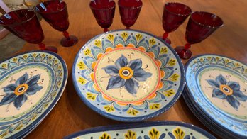 Fitz & Floyd Melamine  Sicily Blue Dish Set & Vintage  Set Of 6 Paden City Ruby Red Glass Water Glasses