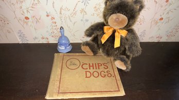 Vintage Book Chips Dogs, Vintage T C. Dawson Fiesta Brown Teddy Bear And Currier & Ives Porcelain Bell