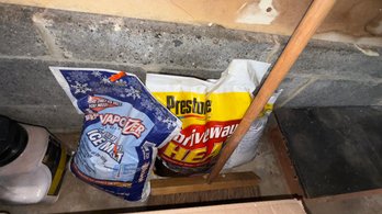 Three Big Containers Of Ice Melt And Rigid Broom. Nice Lot Of 4 Items!